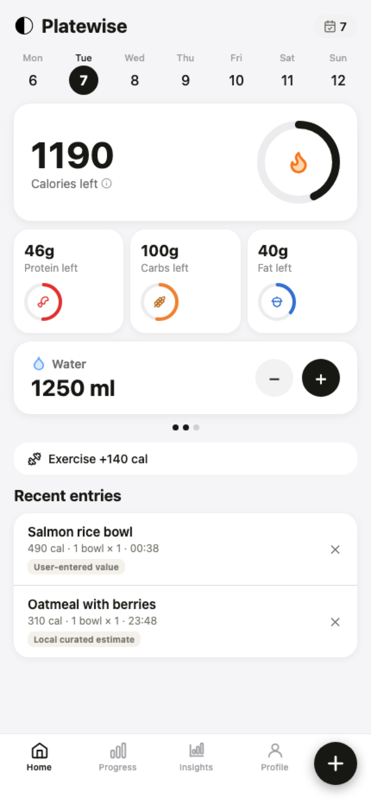 Portion Path iPhone home screen showing daily calories, macros, recent meals, water, and activity
