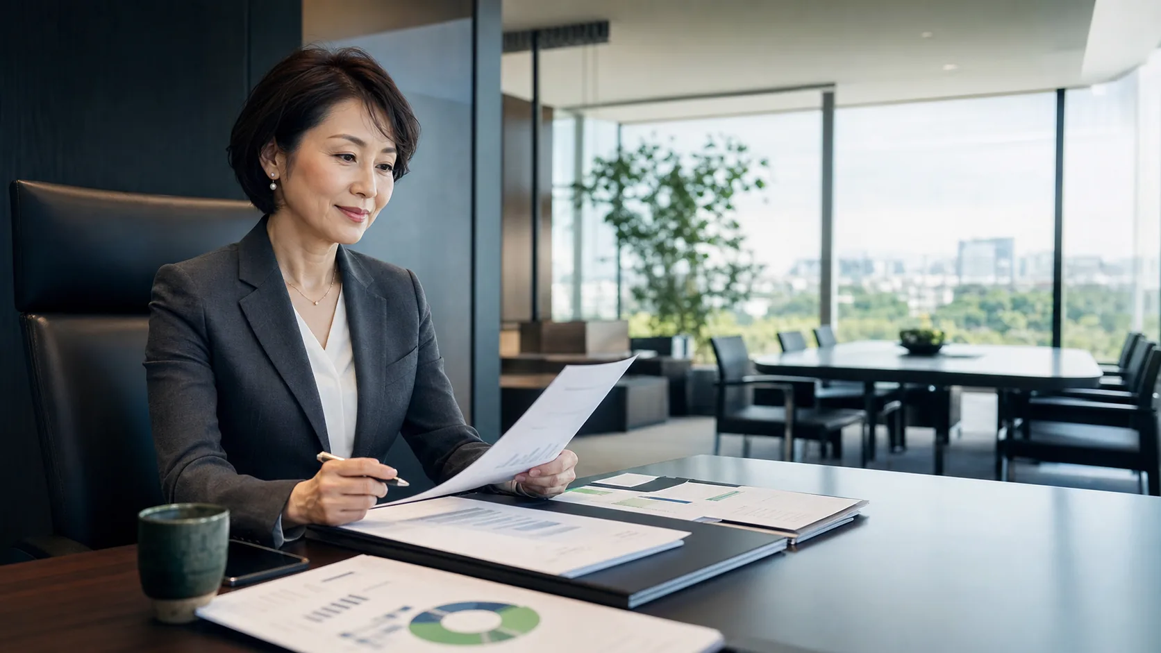 AI経営室から届いたレポートを確認する日本人経営者