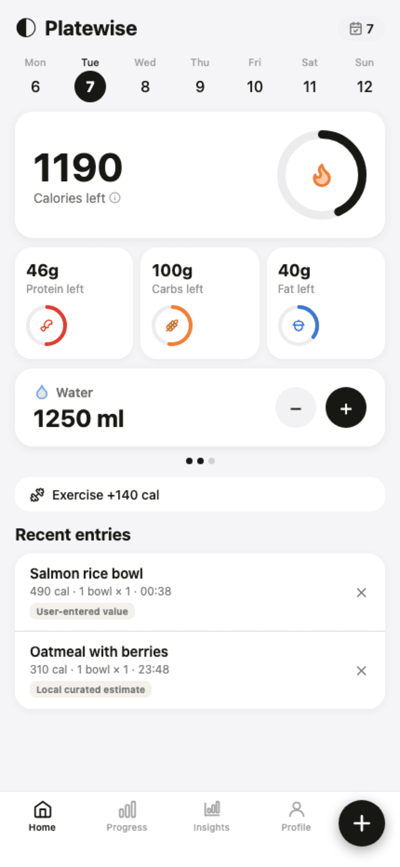 Portion Path iPhone home screen showing daily calories, macros, recent meals, water, and activity