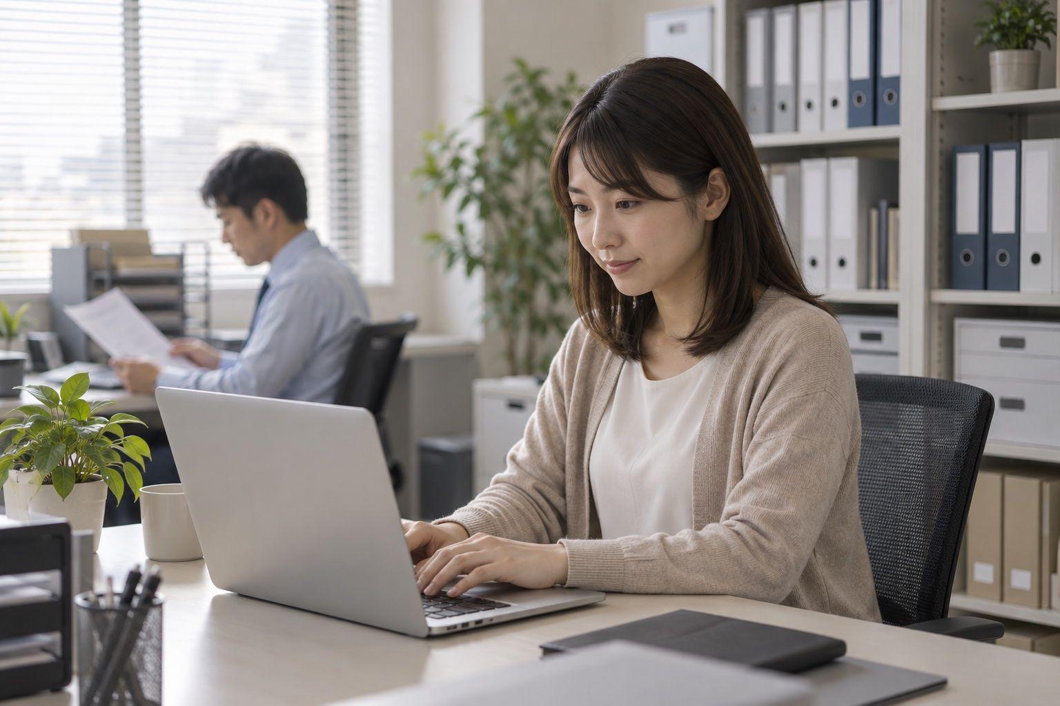 書類ファイルが並ぶ棚を背に、小さな会社の事務所でノートパソコンで作業する社員