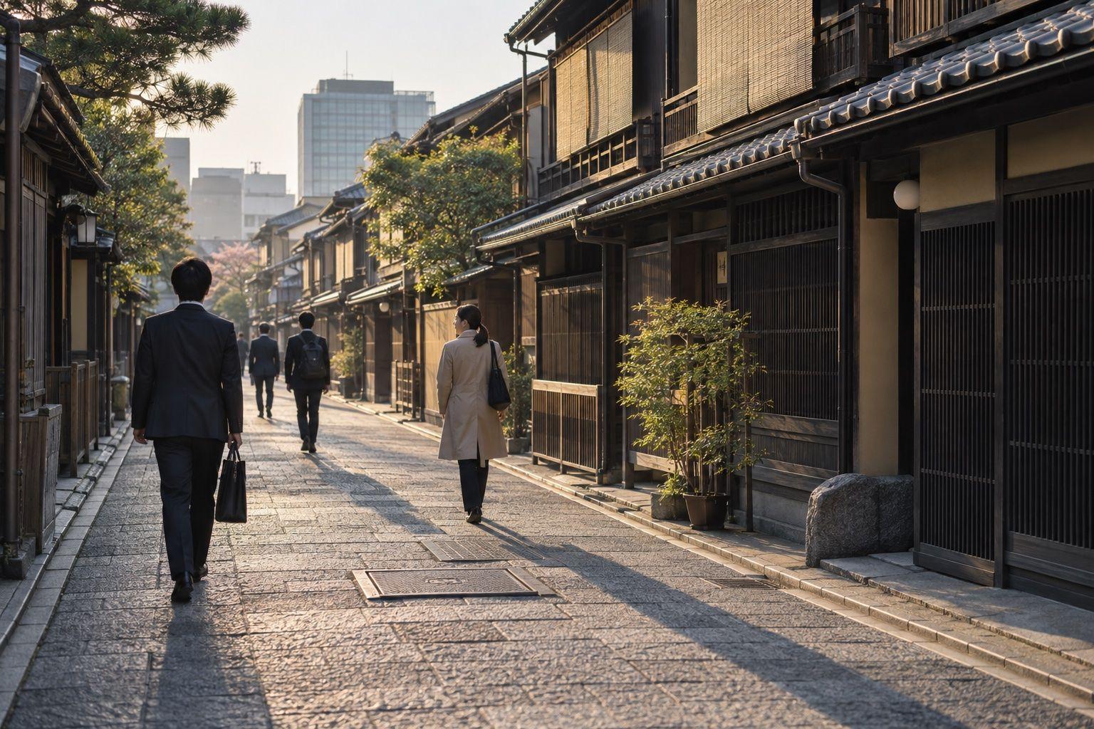 京町家が並ぶ京都の通りを、朝の光の中で出勤する人たちが歩く街並み