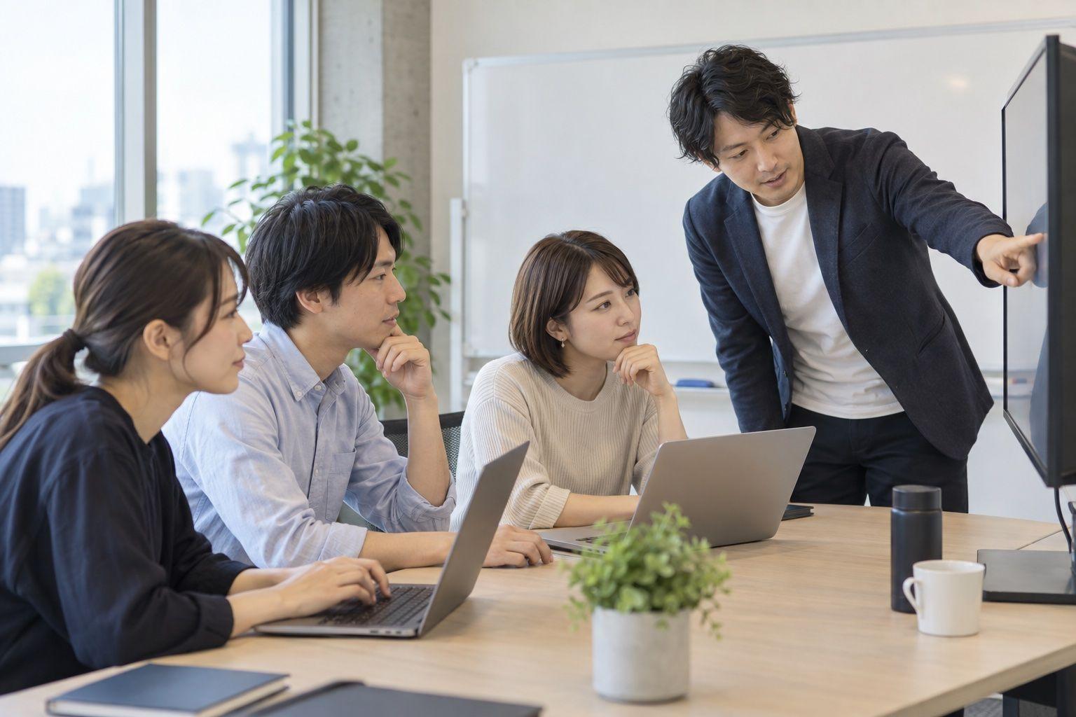会議室で社員3人がノートパソコンを前に、トレーナーの説明を受ける社内研修の様子
