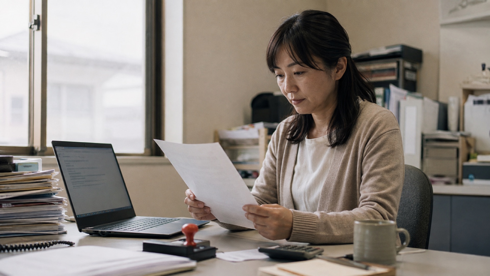 事務所で社員が印刷した書類を読み、隣のノートパソコンに文書が表示されている