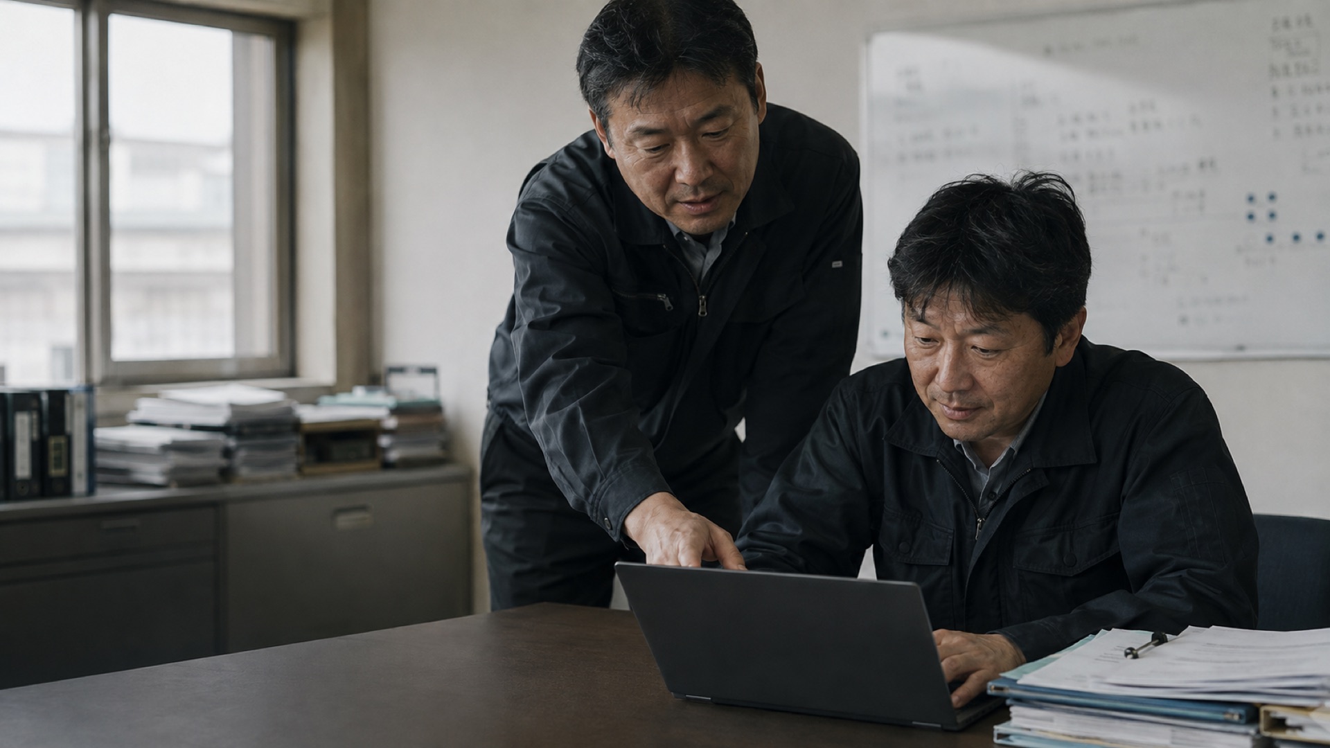 事務所で2人の社員がノートパソコンの画面を見ながら話している